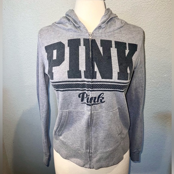 PINK VICTORIA’S SECRET Heather Grey Zip-Up Hoodie w/ Front Logo - Picture 2 of 7